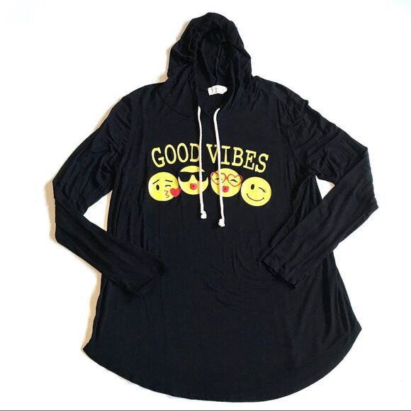 French Pastry Good Vibes L/S Tee Hoodie Emojis Black Sz XL - Picture 1 of 9